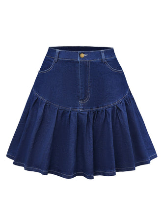 Dark Blue 1960s Ruffled Denim Skirt