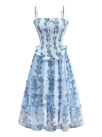 1940s Daisy Mesh Patchwork Smocked Dress