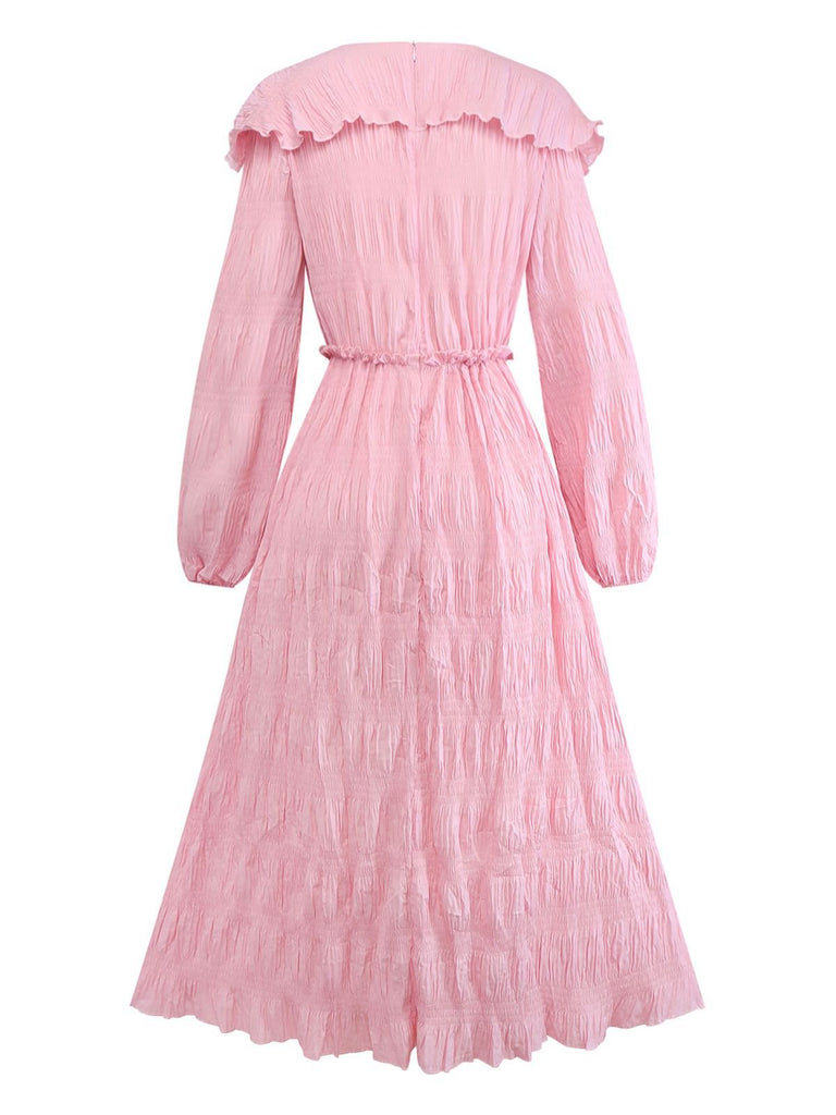 Pink 1950s Pleated Ruffled Collar Dress