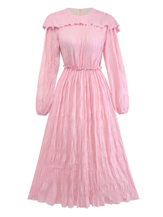 Pink 1950s Pleated Ruffled Collar Dress