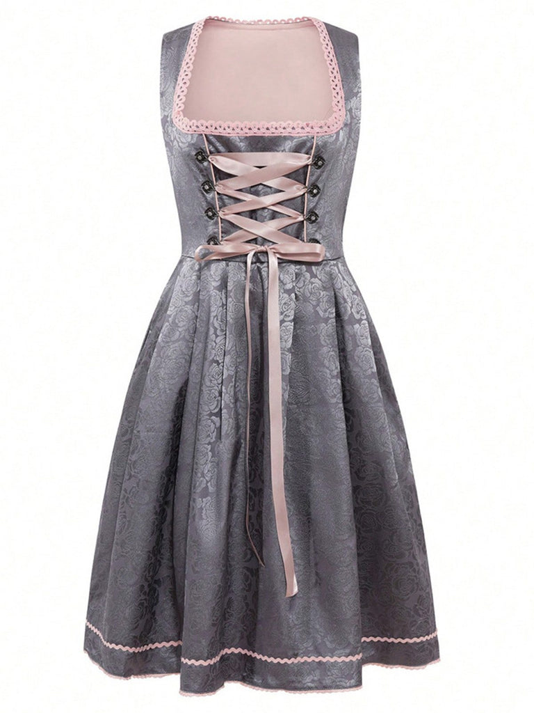 2PCS Pink 1950s Floral Jacquard Dress & Mesh Embroidered Apron