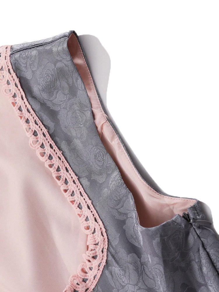 2PCS Pink 1950s Floral Jacquard Dress & Mesh Embroidered Apron