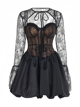 2PCS Black 1960s Lace Cover-Up & Puffy Dress