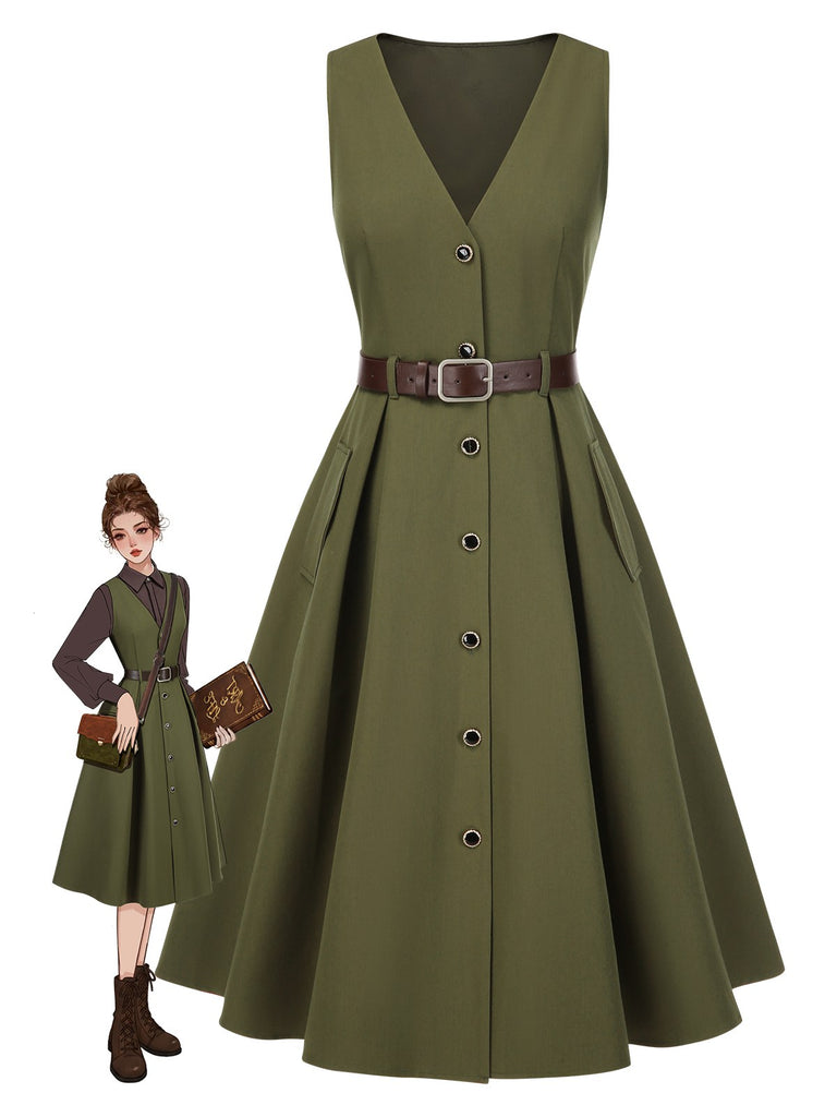 [Pre-Sale] Green 1950s V-Neck Pockets Belted Vest Dress