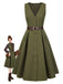 [Pre-Sale] Green 1950s V-Neck Pockets Belted Vest Dress