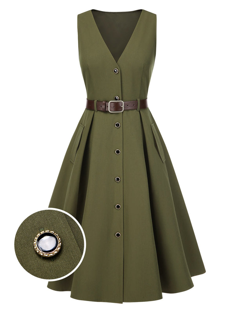 [Pre-Sale] Green 1950s V-Neck Pockets Belted Vest Dress