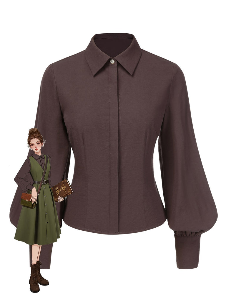 [Pre-Sale] Brown 1950s Solid Lantern Sleeve Lapel Blouse