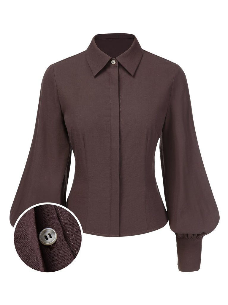 [Pre-Sale] Brown 1950s Solid Lantern Sleeve Lapel Blouse