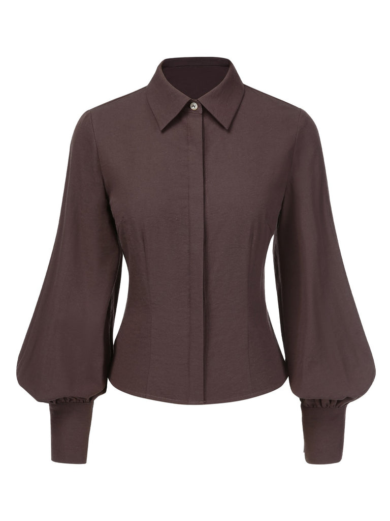 [Pre-Sale] Brown 1950s Solid Lantern Sleeve Lapel Blouse