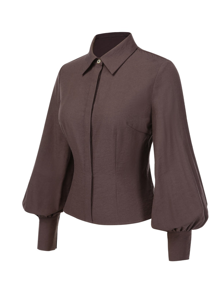 [Pre-Sale] Brown 1950s Solid Lantern Sleeve Lapel Blouse