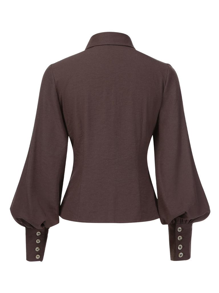 [Pre-Sale] Brown 1950s Solid Lantern Sleeve Lapel Blouse