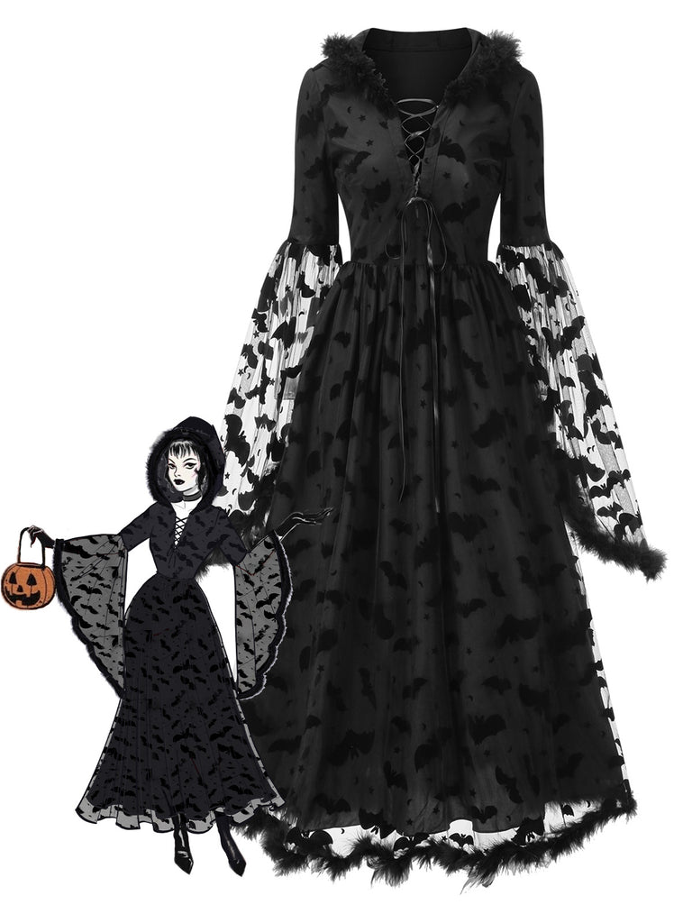 [Pre-Sale] Black 1940s Bat Mesh Raw Hem Witch Cape Dress