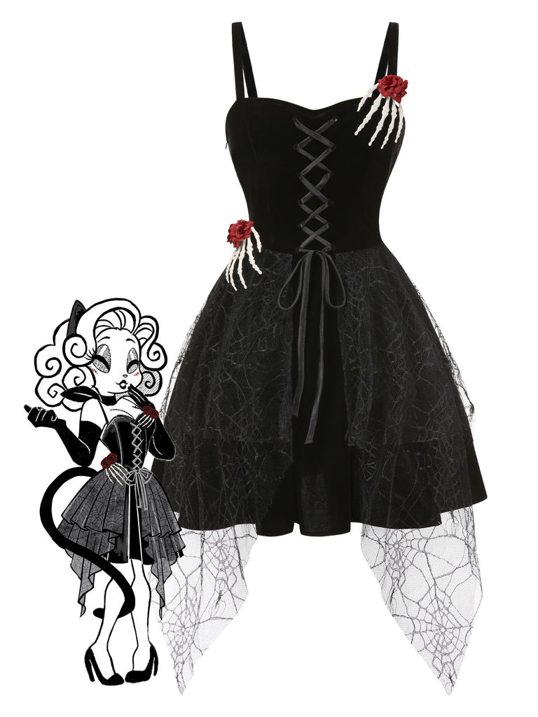 [Pre-Sale] Black 1950s Halloween Skeleton Hand Spiderweb Rose Dress