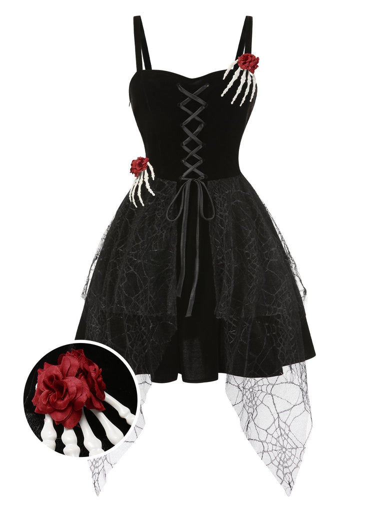 [Pre-Sale] Black 1950s Halloween Skeleton Hand Spiderweb Rose Dress