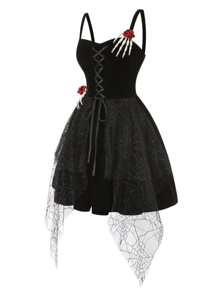 [Pre-Sale] Black 1950s Halloween Skeleton Hand Spiderweb Rose Dress