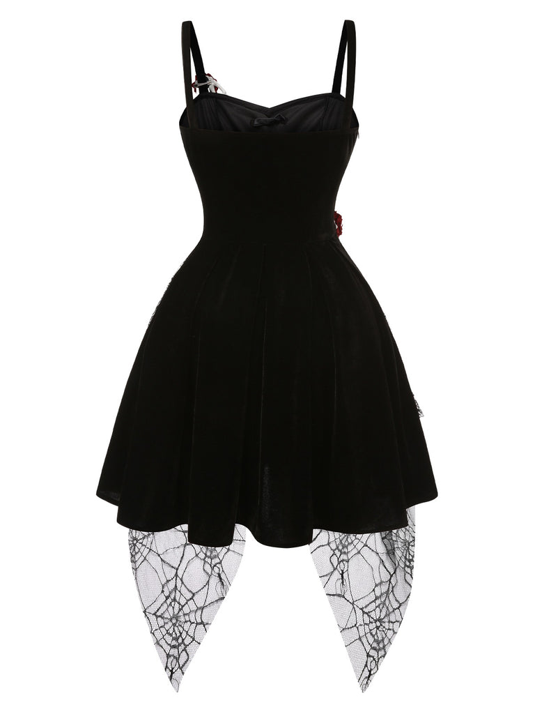 [Pre-Sale] Black 1950s Halloween Skeleton Hand Spiderweb Rose Dress