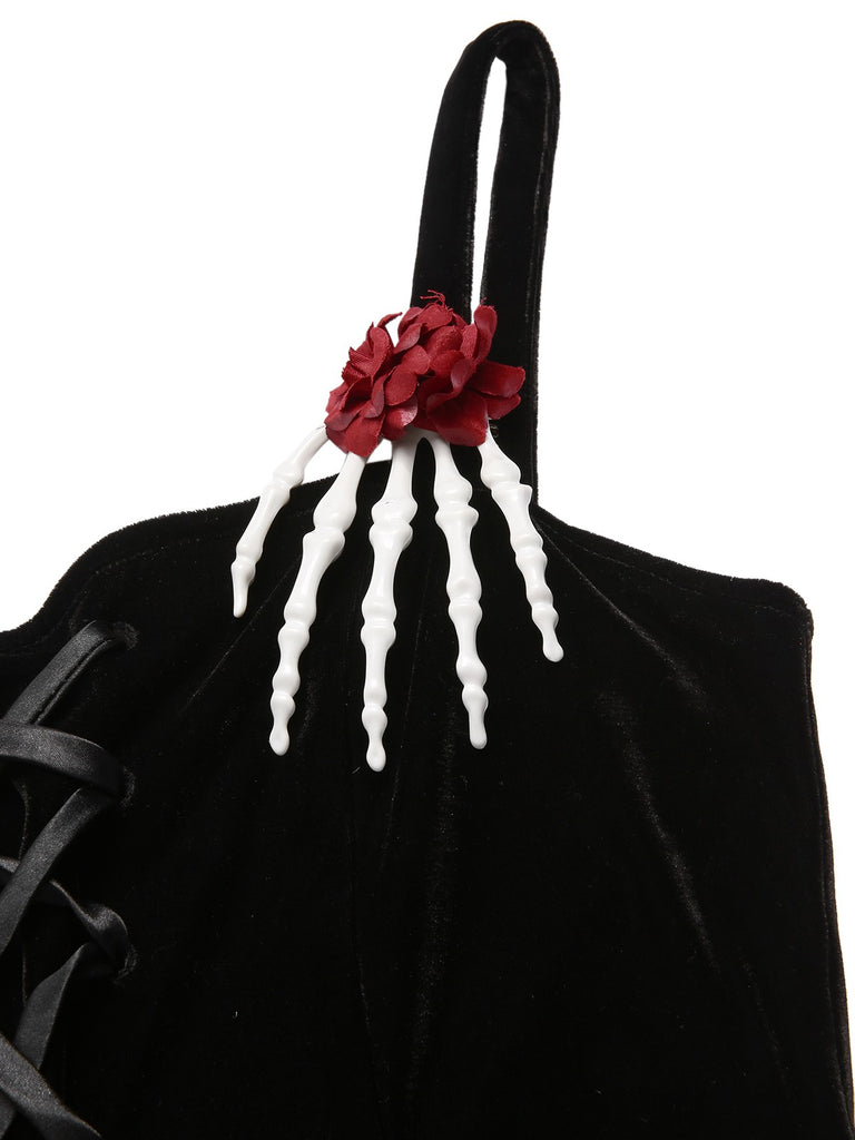 [Pre-Sale] Black 1950s Halloween Skeleton Hand Spiderweb Rose Dress