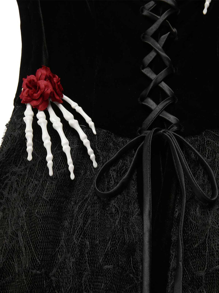 [Pre-Sale] Black 1950s Halloween Skeleton Hand Spiderweb Rose Dress