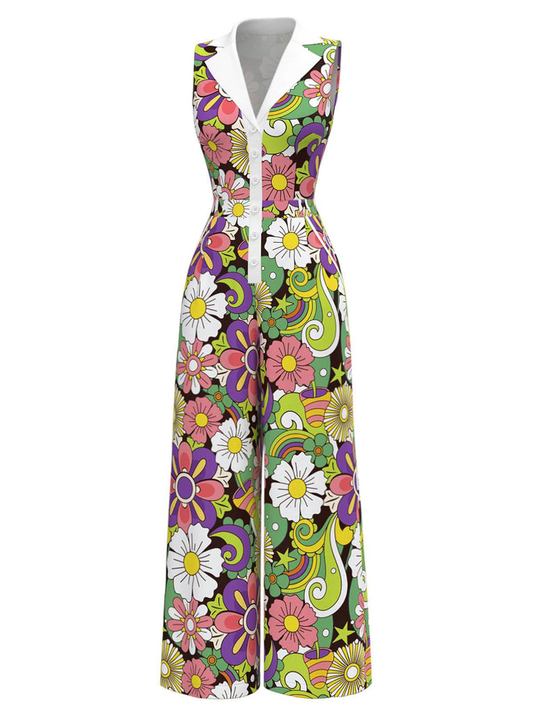 [Pre-Sale] 1970s Floral Lapel Sleeveless button Jumpsuit