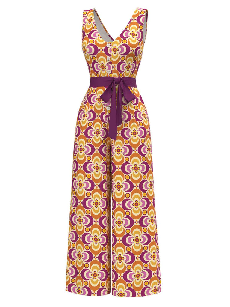 [Pre-Sale] Orange 1960s V-Neck Belted Floral Printed Jumpsuit