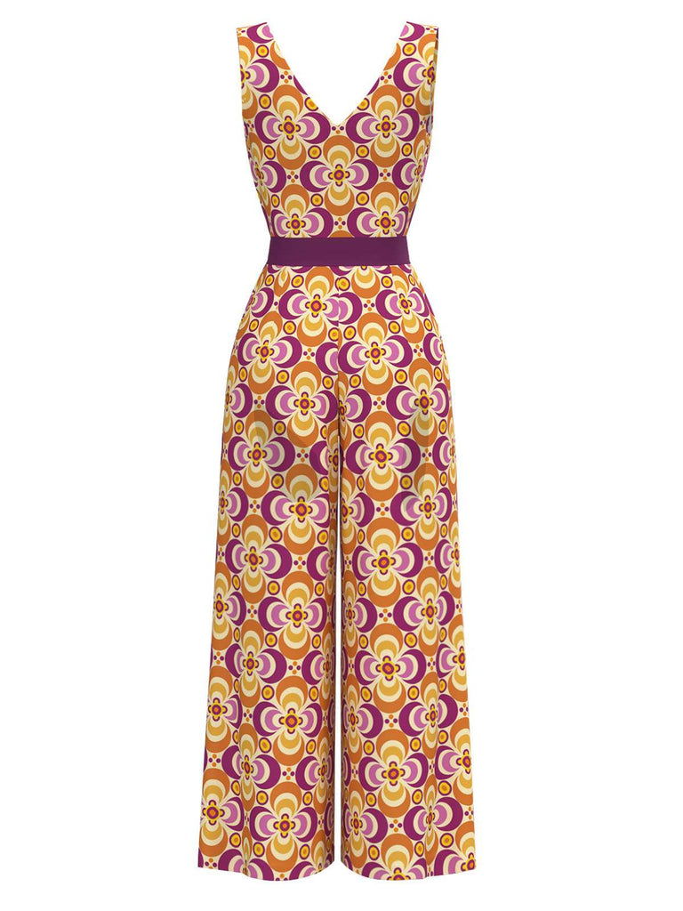 [Pre-Sale] Orange 1960s V-Neck Belted Floral Printed Jumpsuit