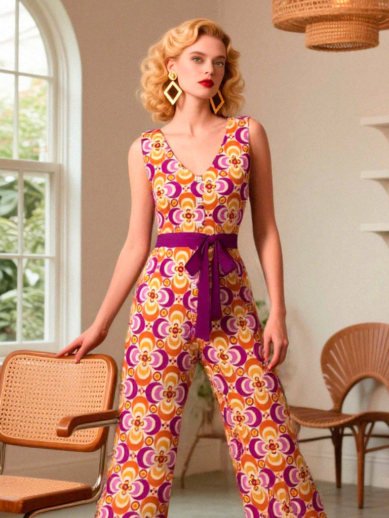 [Pre-Sale] Orange 1960s V-Neck Belted Floral Printed Jumpsuit