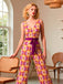 [Pre-Sale] Orange 1960s V-Neck Belted Floral Printed Jumpsuit