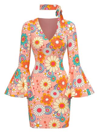 Multicolor 1960s Daisy Flare Sleeve Hippie Dress