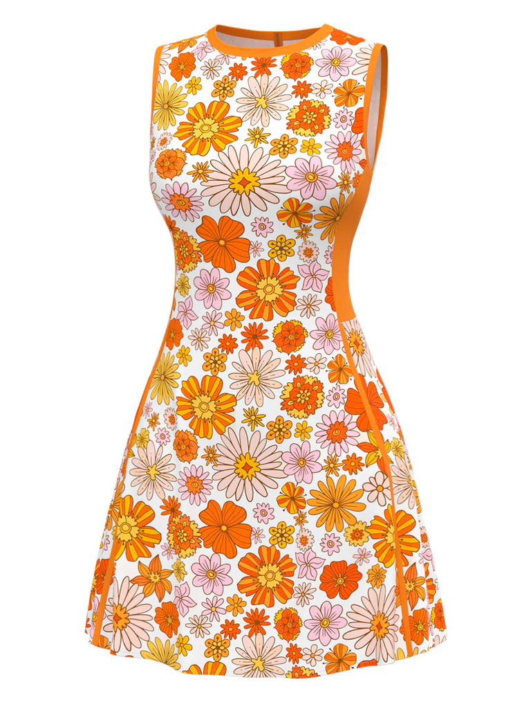Orange 1960s Round Neck Daisy Sleeveless Dress