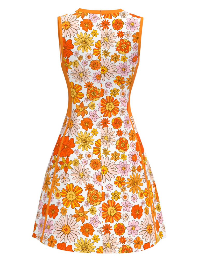 Orange 1960s Round Neck Daisy Sleeveless Dress