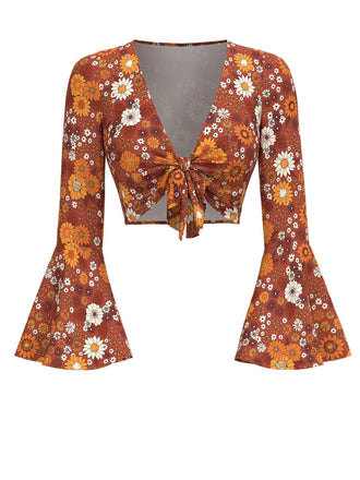 Orange 1970s Hippie Floral Bell Sleeve Top