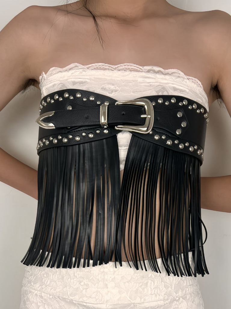 Black Steampunk Rivet Tassel Skirt Belt