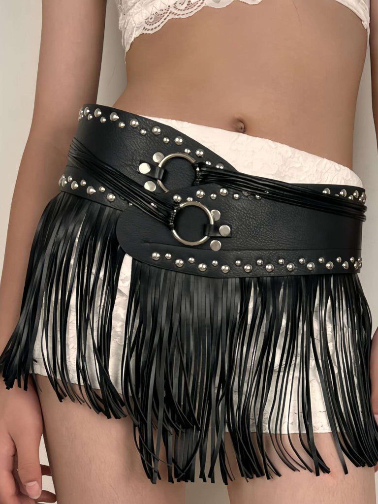 Black Steampunk Rivet Tassel Skirt Belt