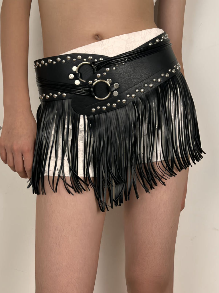 Black Steampunk Rivet Tassel Skirt Belt