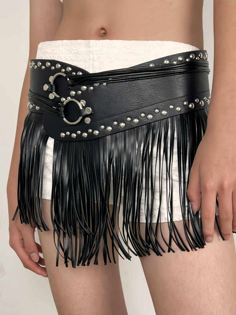 Black Steampunk Rivet Tassel Skirt Belt