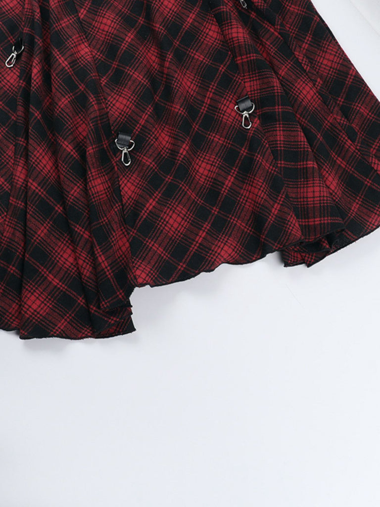 2PCS Red 1980s Plaid Smocked Top & High-Low Hem Skirt