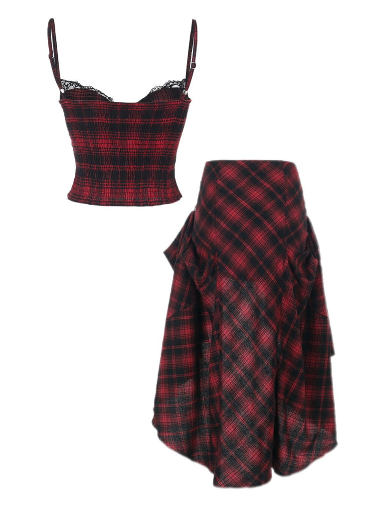 2PCS Red 1980s Plaid Smocked Top & High-Low Hem Skirt