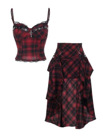 2PCS Red 1980s Plaid Smocked Top & High-Low Hem Skirt