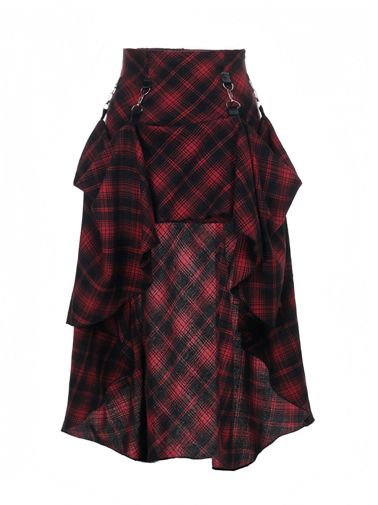 2PCS Red 1980s Plaid Smocked Top & High-Low Hem Skirt