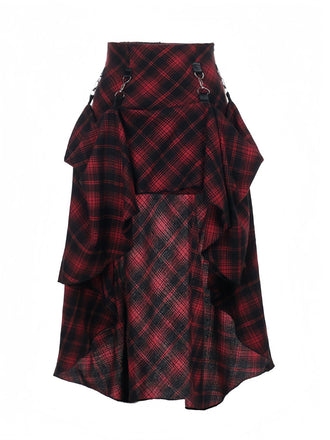 Red 1980s Scottish Plaid High-Low Hem Skirt