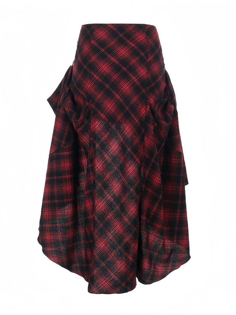 2PCS Red 1980s Plaid Smocked Top & High-Low Hem Skirt