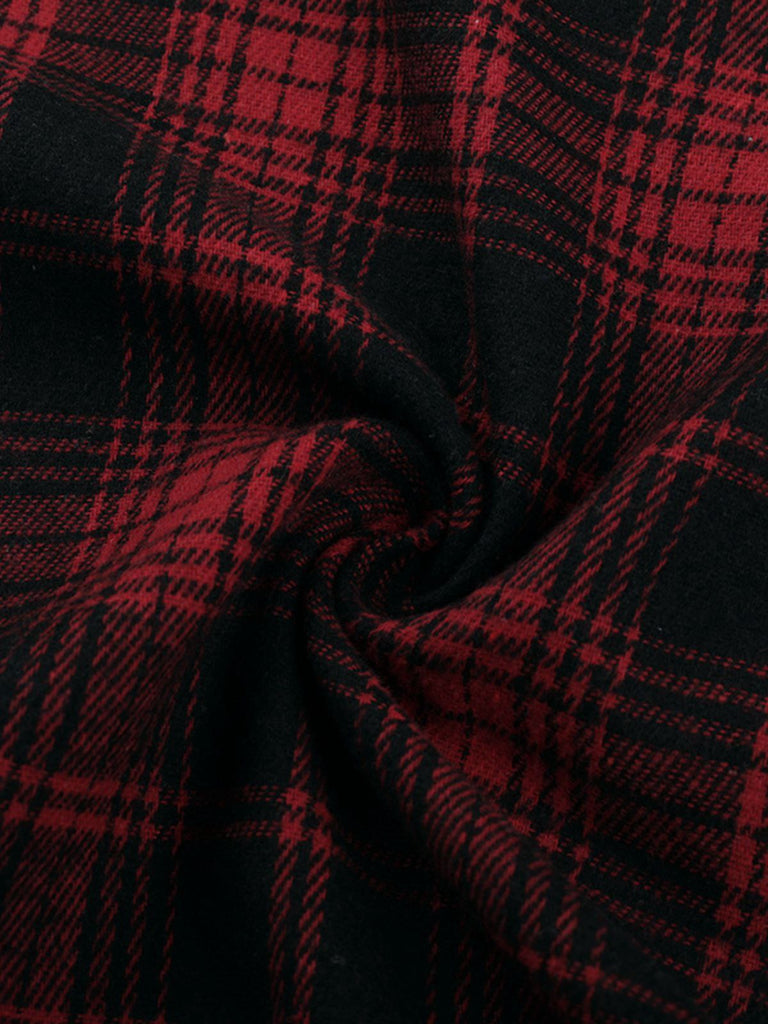 2PCS Red 1980s Plaid Smocked Top & High-Low Hem Skirt