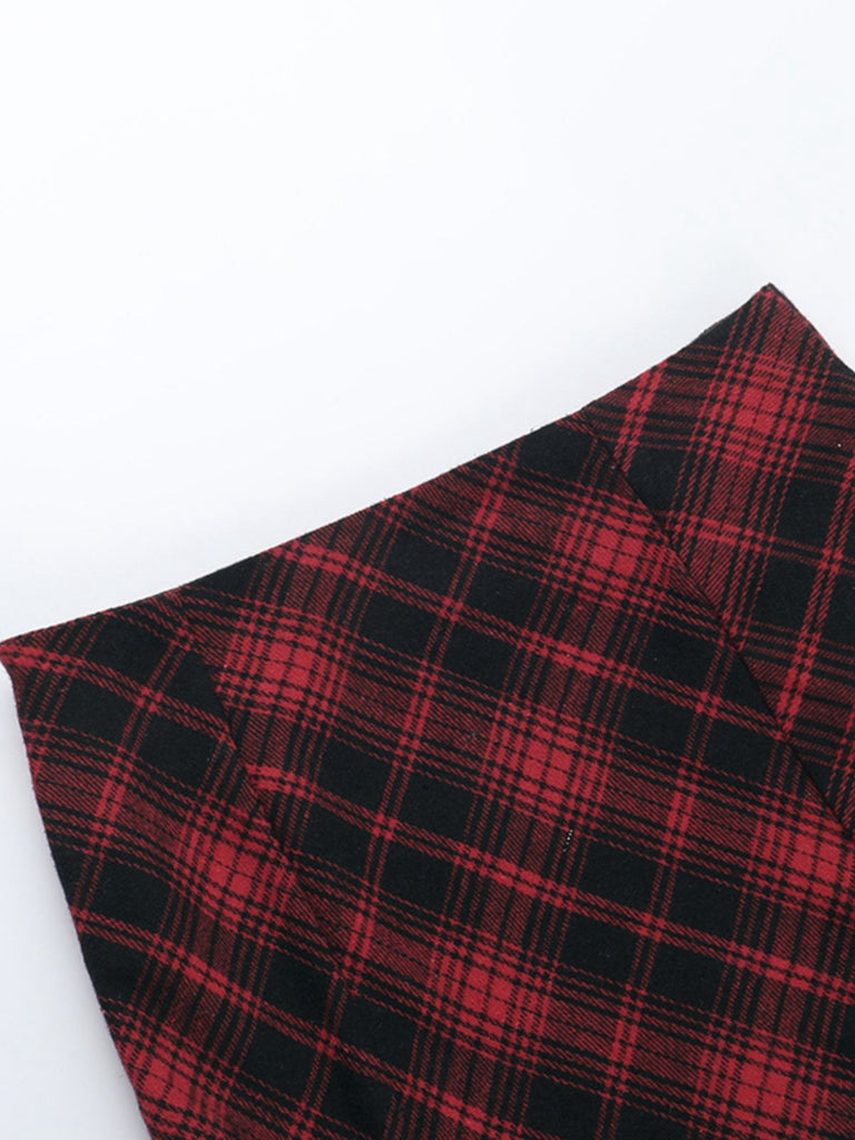 2PCS Red 1980s Plaid Smocked Top & High-Low Hem Skirt