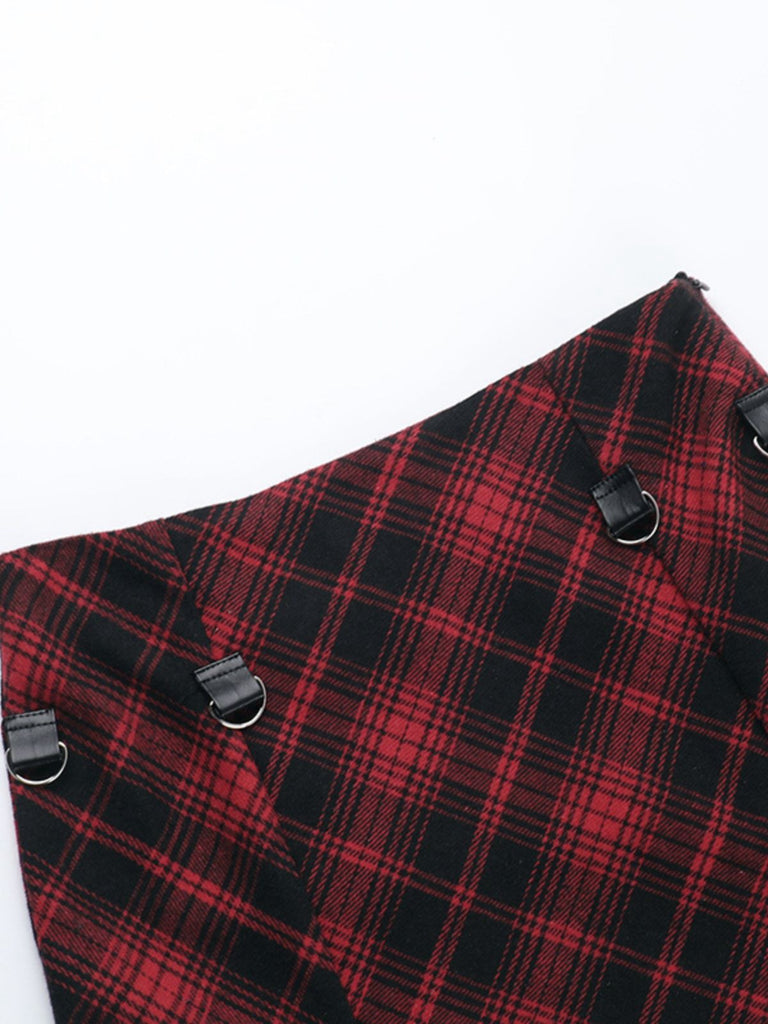 2PCS Red 1980s Plaid Smocked Top & High-Low Hem Skirt