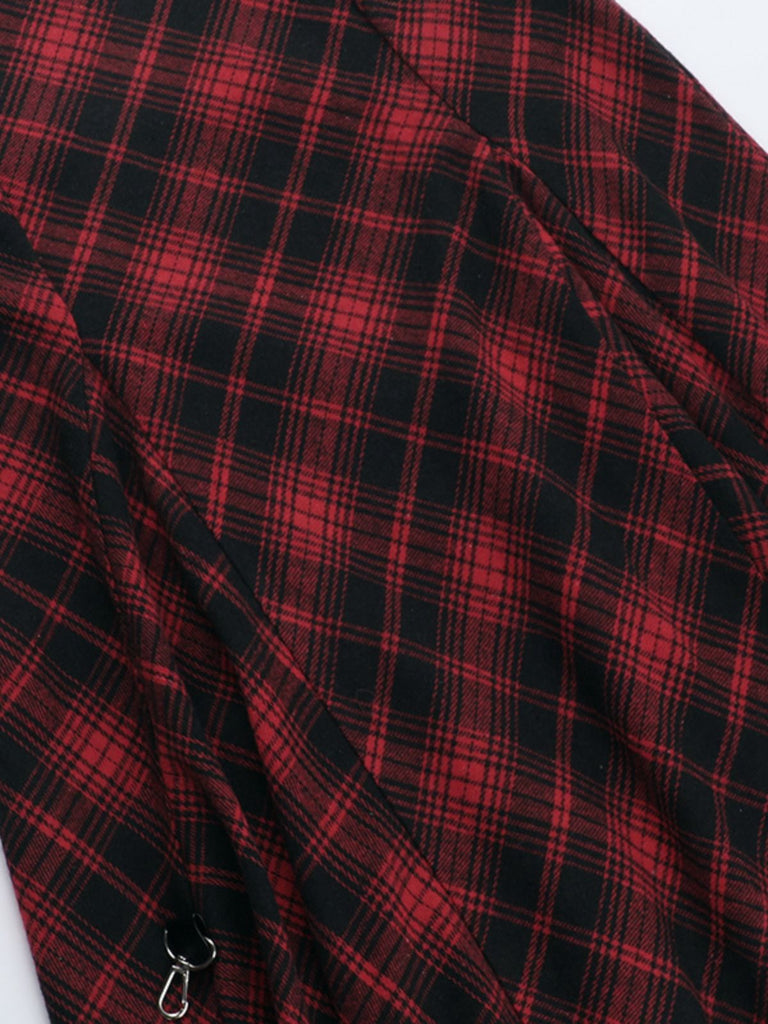 2PCS Red 1980s Plaid Smocked Top & High-Low Hem Skirt
