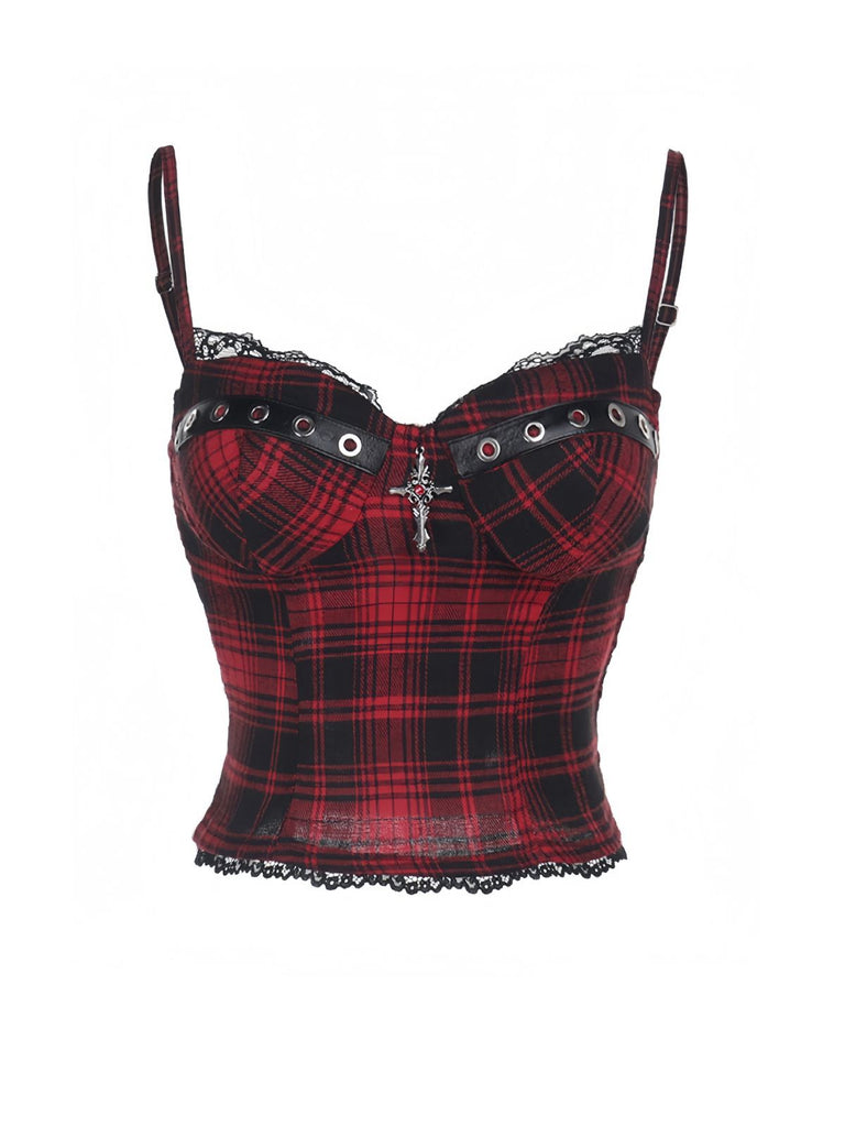 2PCS Red 1980s Plaid Smocked Top & High-Low Hem Skirt