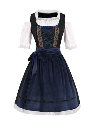 2PCS Dark Blue 1950s Floral Embroidered Dress & Velvet Apron