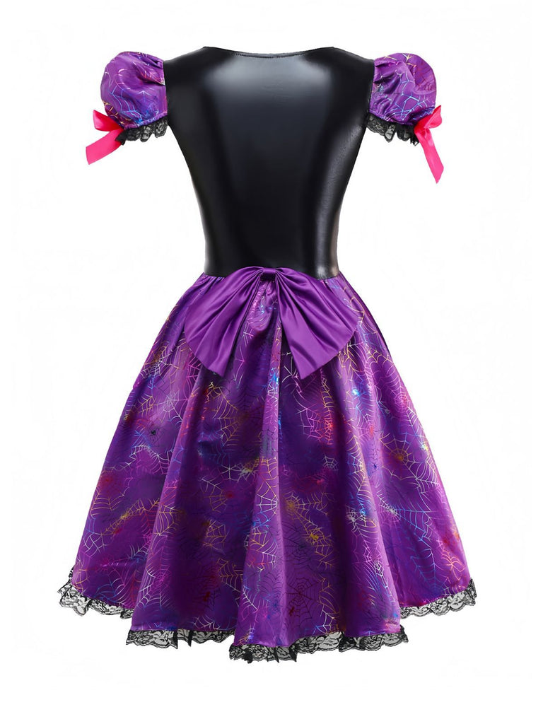 Purple 1970s Halloween Spider Web Witch Lace-Up Dress With Hat