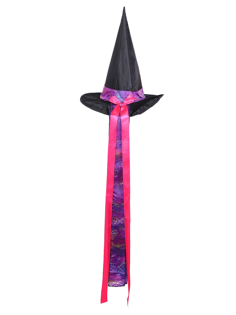 Purple 1970s Halloween Spider Web Witch Lace-Up Dress With Hat