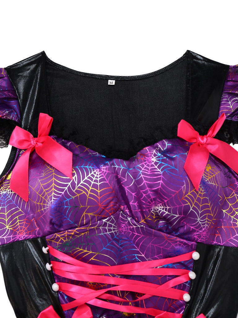 Purple 1970s Halloween Spider Web Witch Lace-Up Dress With Hat